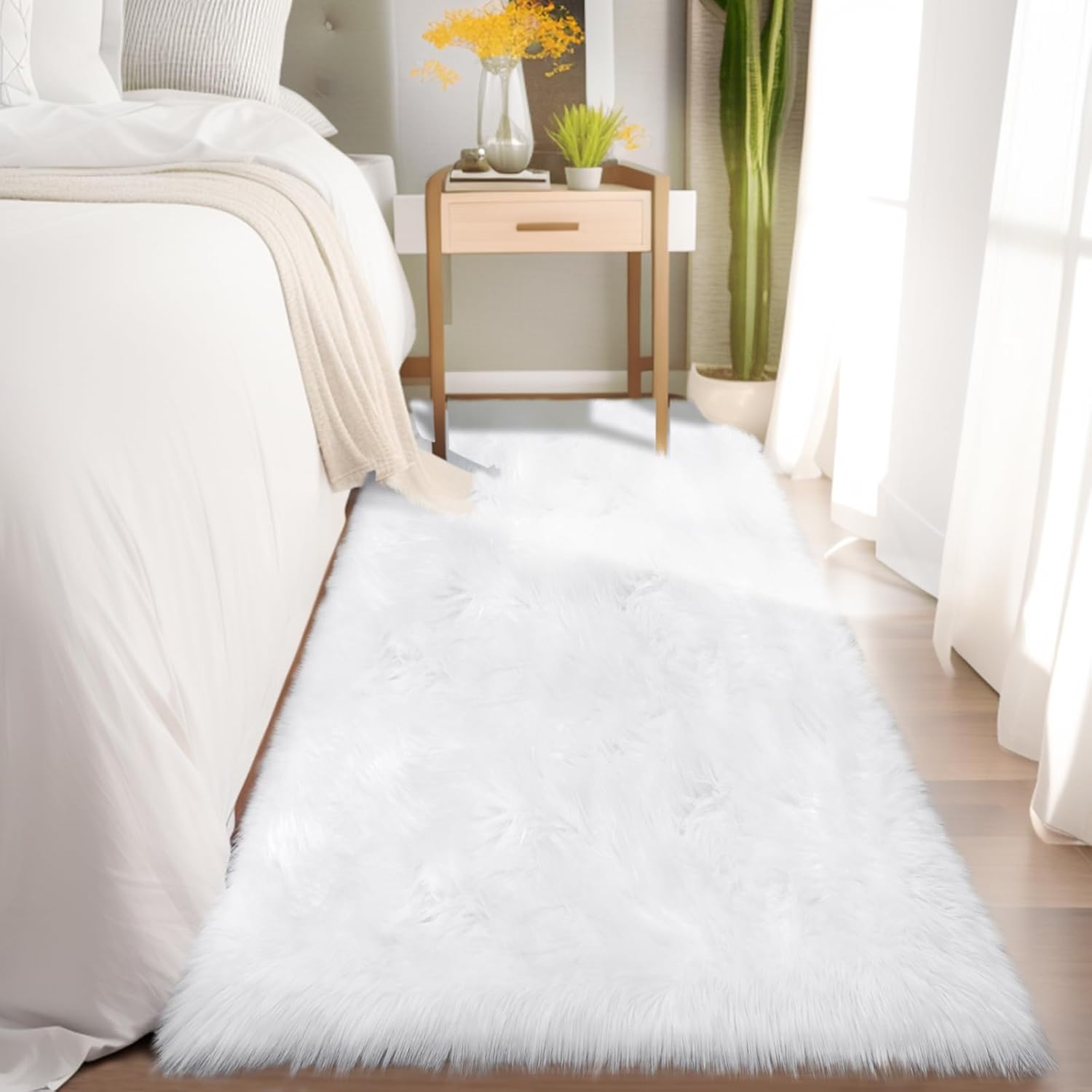 Ciicool Faux Fur Rug for Bedroom, White Fluffy Shag Rugs for Sofa Couch Seat Cushion, Washable Fuzzy Runner Thick Fur Area Rug Floor Carpets for Bedside Living Room, 2x6 Ft Rectangle