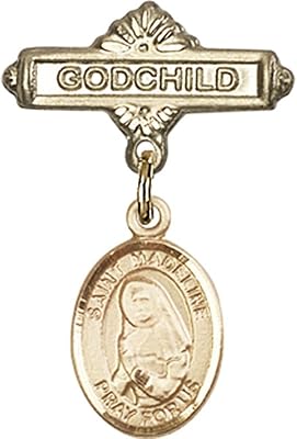 14kt Yellow Gold Baby Badge with St. Madeline Sophie Barat Charm and Godchild Badge Pin 1 X 5/8 inches