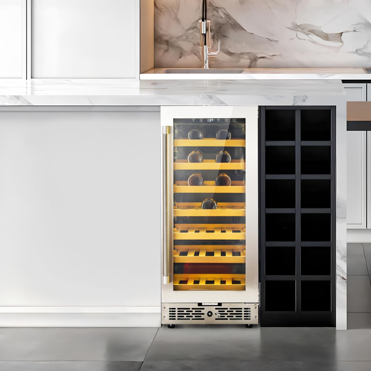 Under Counter Wine And Beer Fridge, 15 Inch 93l Beverage Refrigerator With Glass Door, 41-64°F Digital Control, 7 Removable Shelves For 33 Bottles, Freestanding Mini Fridge For Home Bar Office on Fridge.com - View 3