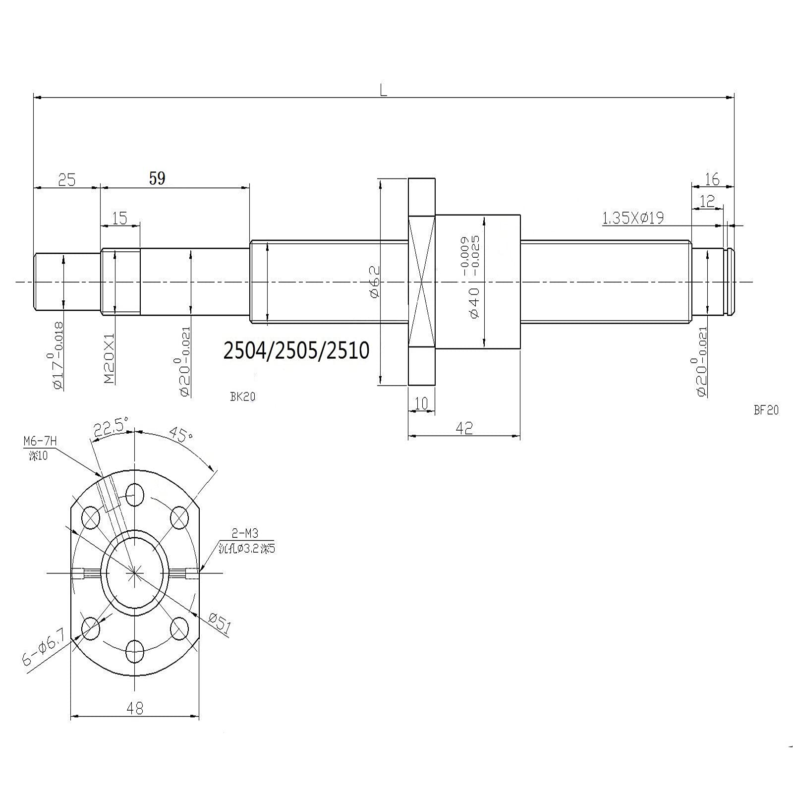 CNCMANS Vite a sfera SFU2505-1500 mm, in acciaio inox, con dado a sfera e estremità lavorata, senza sostegni laterali per attrezzature automatizzate (RM2505-1500 mm)