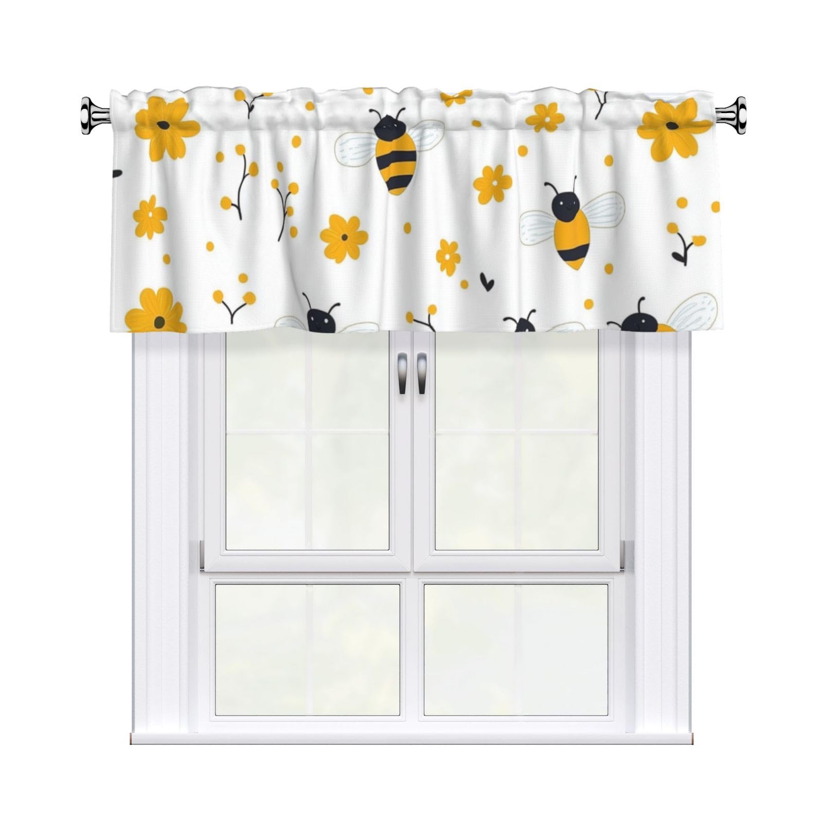 Mexpekil Short Rod Pocket Curtain Valance, Cute Honeybee And Flowers Window Treatment for Kitchen Bedroom Bathroom, 1 Panel, 54" W x 18" L