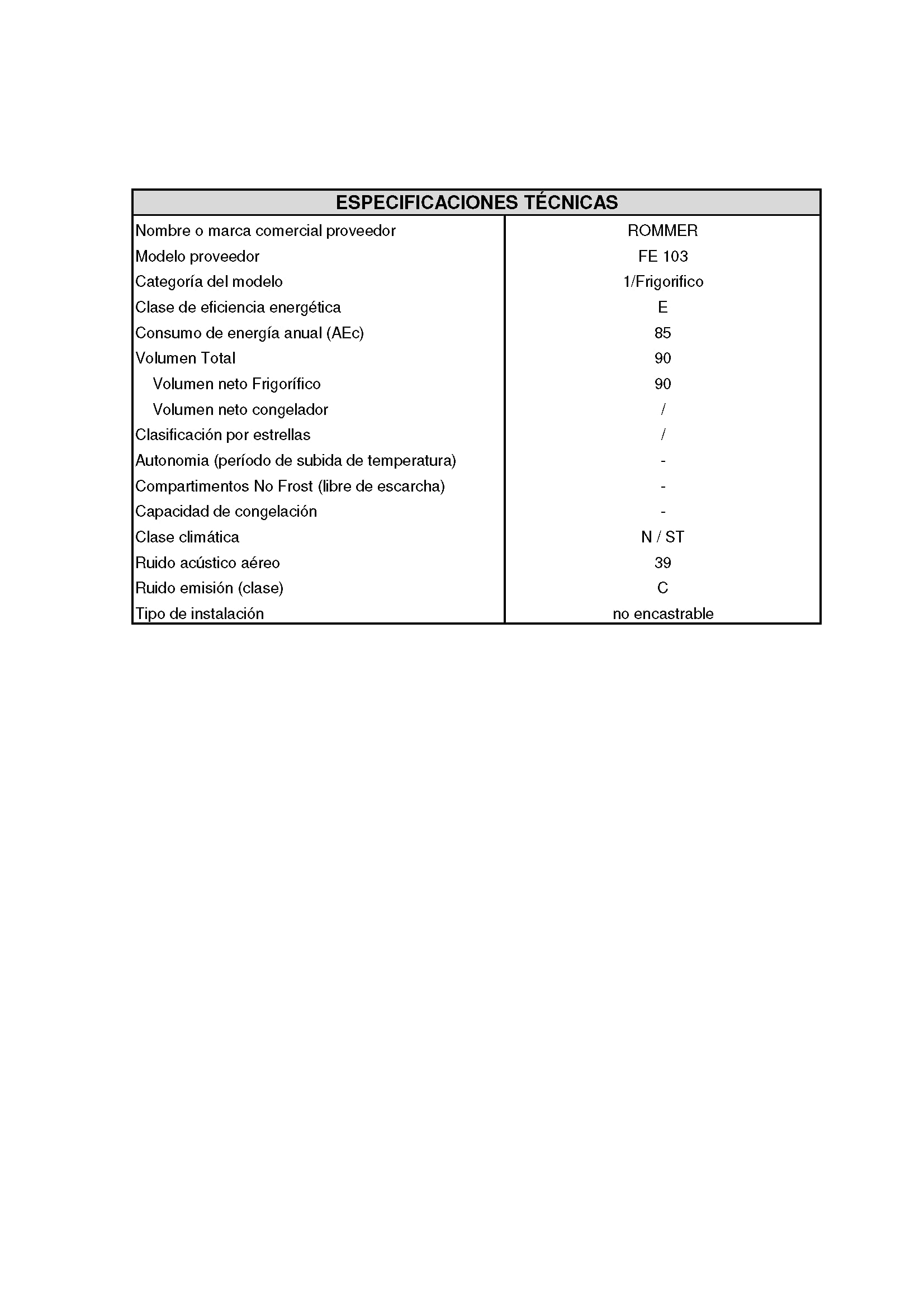 Rommer Frigorifico FE 103, capacidad 90 litros, blanco
