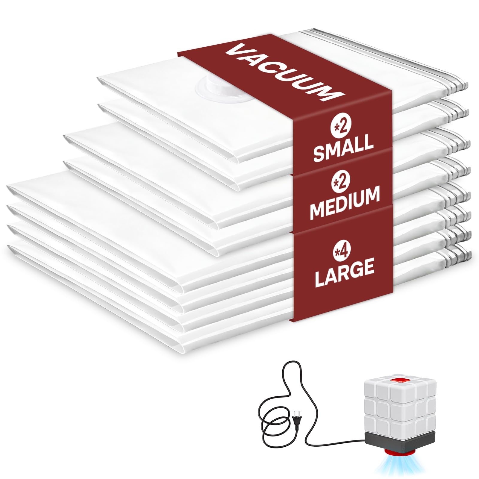 Vacbird Vakuumbeutel für Kleidung mit Elektrischer Luftpumpe, 8er Pack (2klein/2mittel/4groß), Wiederverwendbar Vakuumbeutel für Bettdecken, Matratzen, Decken, Kissen, Bettwäsche, Umzug