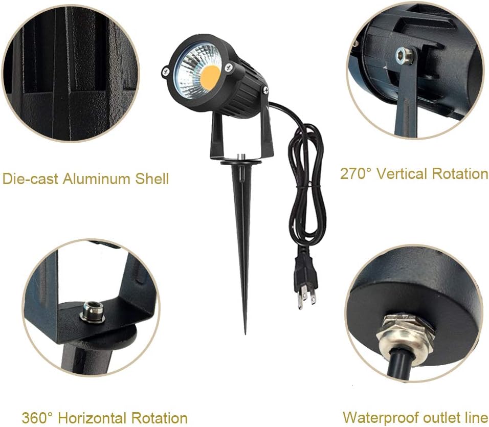 Youngine Pack of 2, Outdoor COB 5W LED Landscape Lights IP65 Waterproof COB Spotlights with Spiked Stand and US Plug for Outdoor Flag, Yard, Lawn, Tree (Warm White)