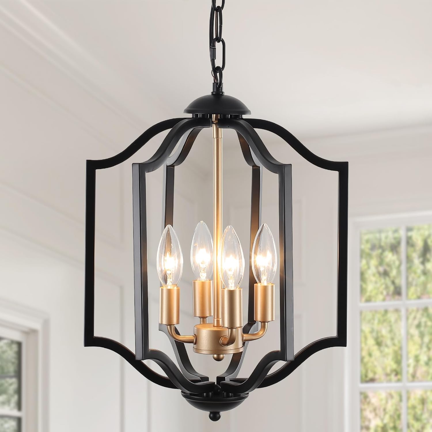 Black and Gold Chandelier Light Fixture, 4-Light Farmhouse Chandelier Dining Room Light Fixtures Rustic Hanging Small Entryway Pendant Light for Kitchen Island Foyer Living Room