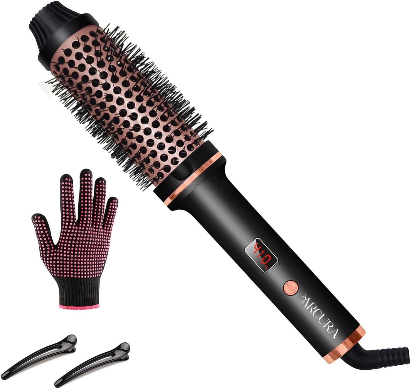 ArouraPremium Thermal Brush 1.5 Inch with Thermal Gloves, Hair Clips, and 1-Year Warranty - Adjustable Temperature Heated Round Brush for Curling, Smoothing, Volumizing - Hot Round Brush