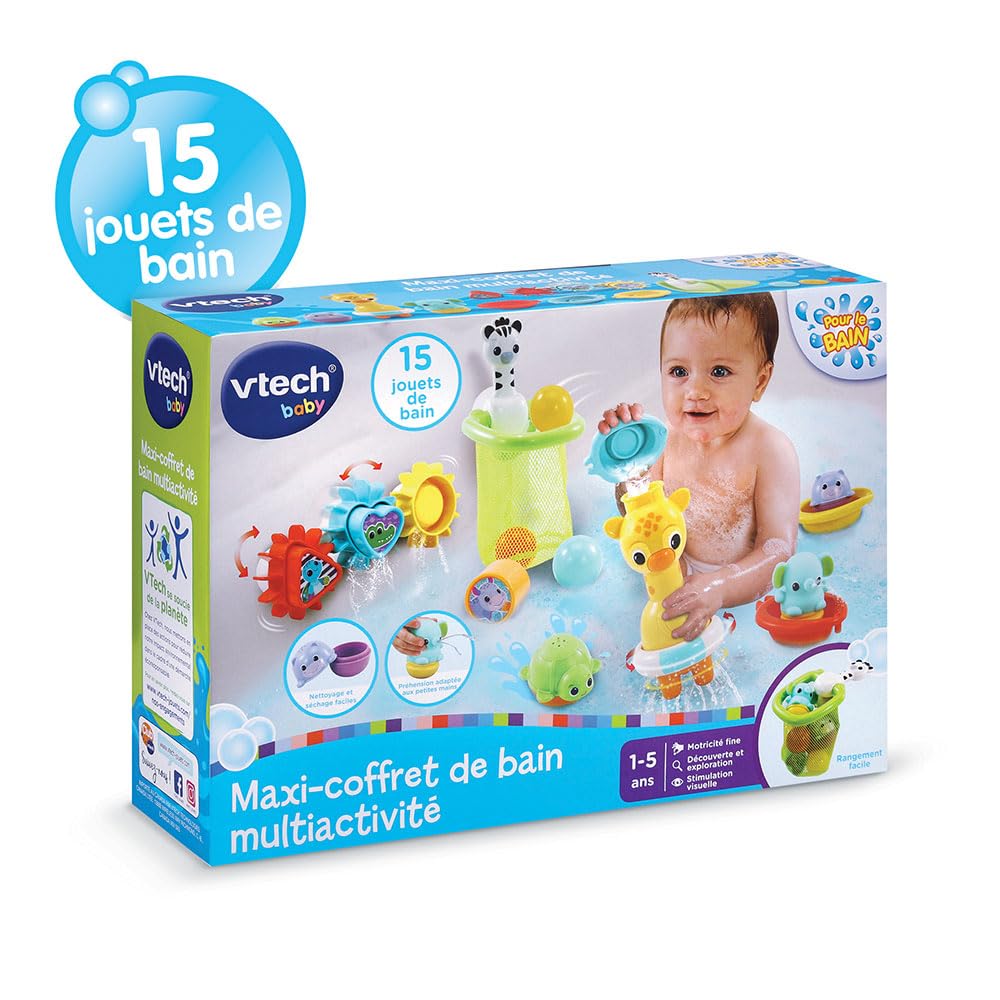 VTech - Maxi-Coffret de Bain Multi Activité, 15 Jouets de Bain Bébé, Animaux, Bateaux, 3 Formes, 3 Balles, Filet de Rangement, Cadeau Enfant Garçon et Fille Dès 1 an - Contenu en Français