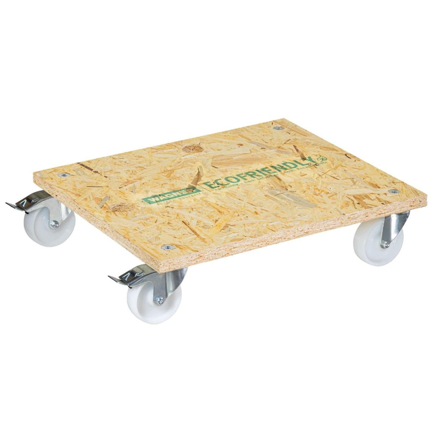 WAGNER Transportroller Transporthilfe 1617 I Möbelroller aus OSB 25 mm I 59 x 49 x 12 cm, Tragkraft 400 kg I Schwerlastrollbrett Umzug, Gewerbe I Rollbrett mit Bremsen&Aufhängeloch I FSC® I Made in DE