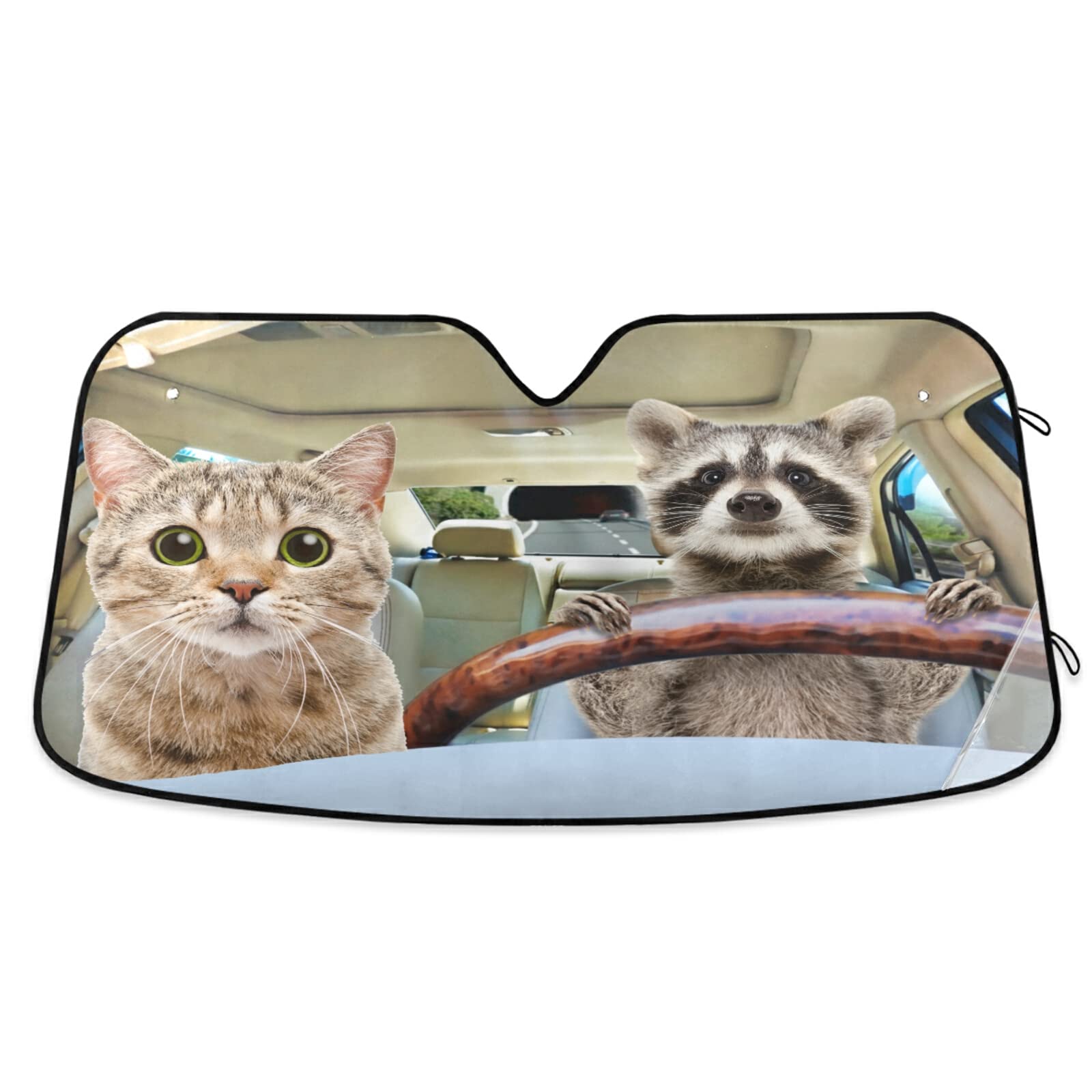 Boccsty Funny Raccoon Driving A Car Windshield Sun Shade Cute Cat Window Shades for Car Truck Automotive Car Shade Car Windshield Sun Shade Cute 55 * 27.6 Inch