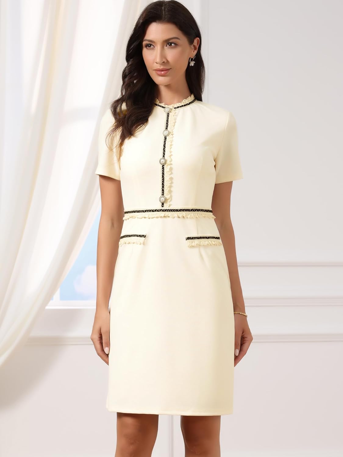 Allegra K Knee Length Dress for Women Short Sleeve Crew Neck Pearls Decro Bodycon Business Work Elegant Dresses - Image 4