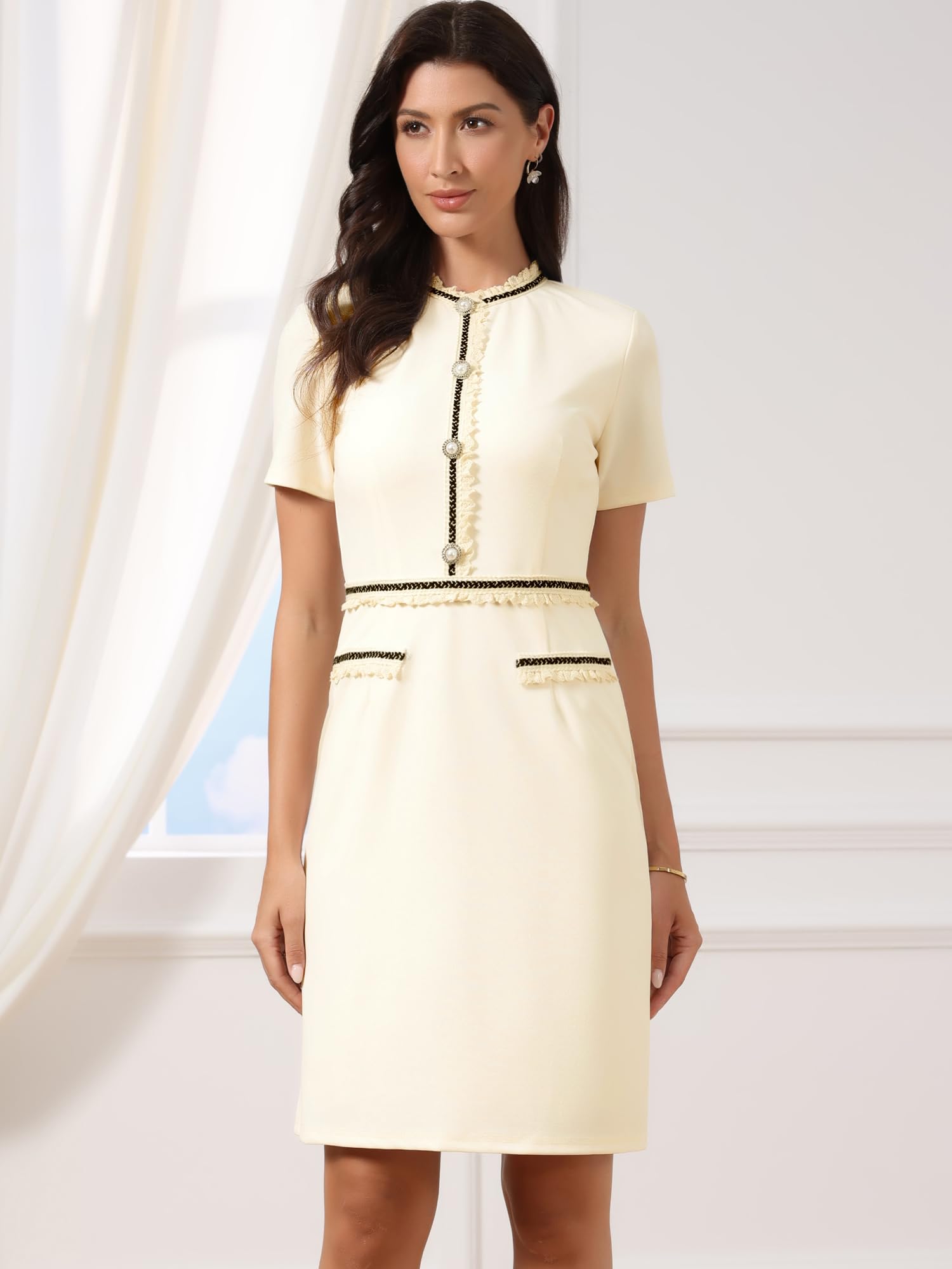 Allegra K Damen Midikleid Kurzärm Rundhals Perlen Figurbetont Elegant Business Arbeit Kleider