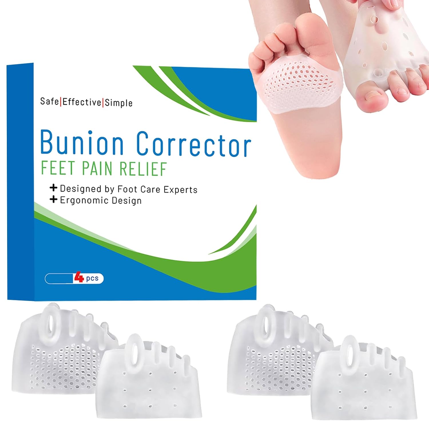 4Pcs Silicone Toe Separators,Toe Spacer for Overlapping Toes, Foot Pain Relief for Bunions, Hammer Toe & Plantar Fasciitis, Comfortable & Breathable for Women & Men，Transparent