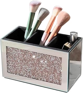 Luxury Rhinestone Mirror Makeup Brush Storage Holder - Elegant Organizer for Brushes, Eyeliners, and Cosmetics - Multi-Functional Makeup Caddy with Plush Interior Pink