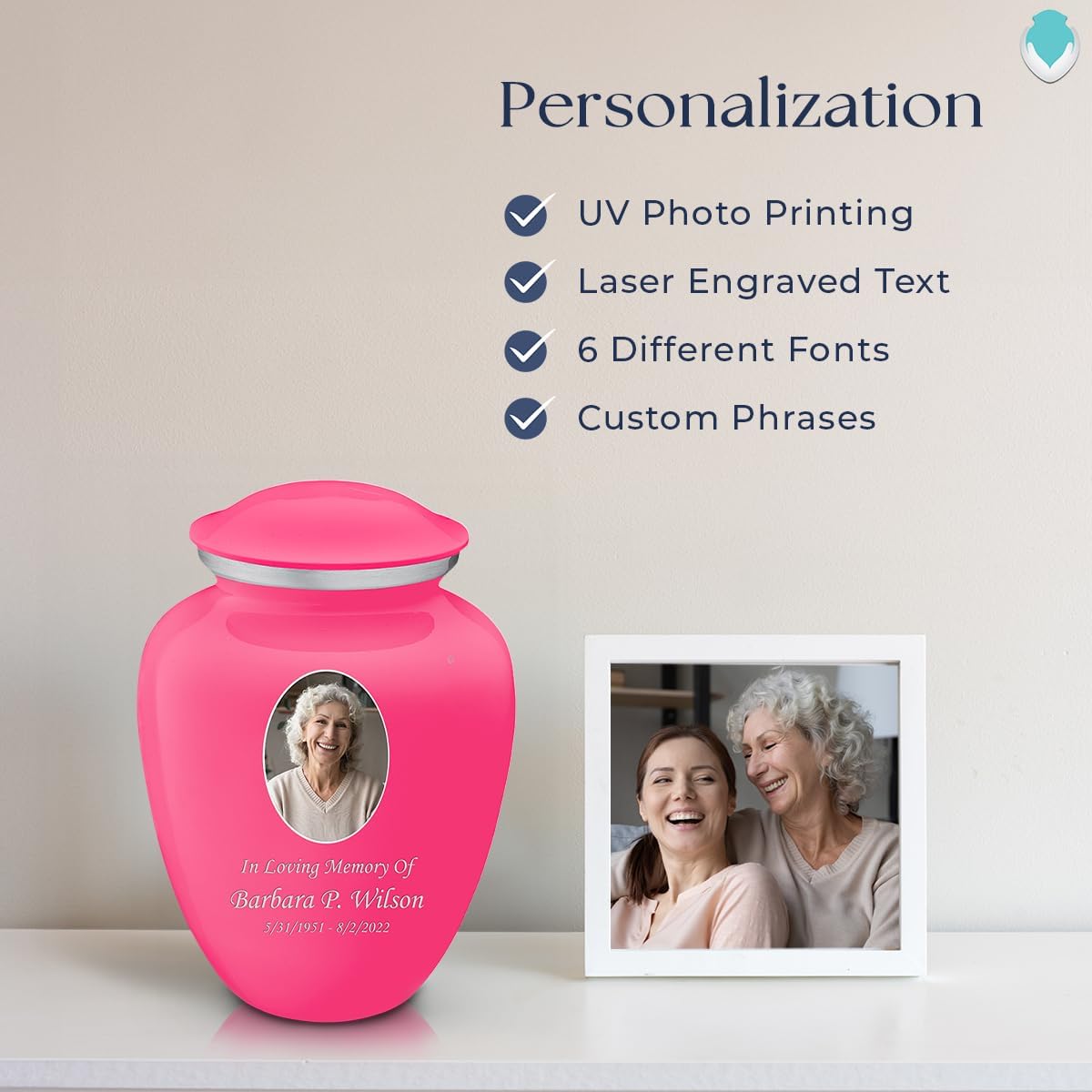 Geturns Embrace Small Personalized Picture Cremation Urns for Human Ashes I Bright Pink Photo Funeral Urn for Men and Women I Holds up to 44 Cubic Inches