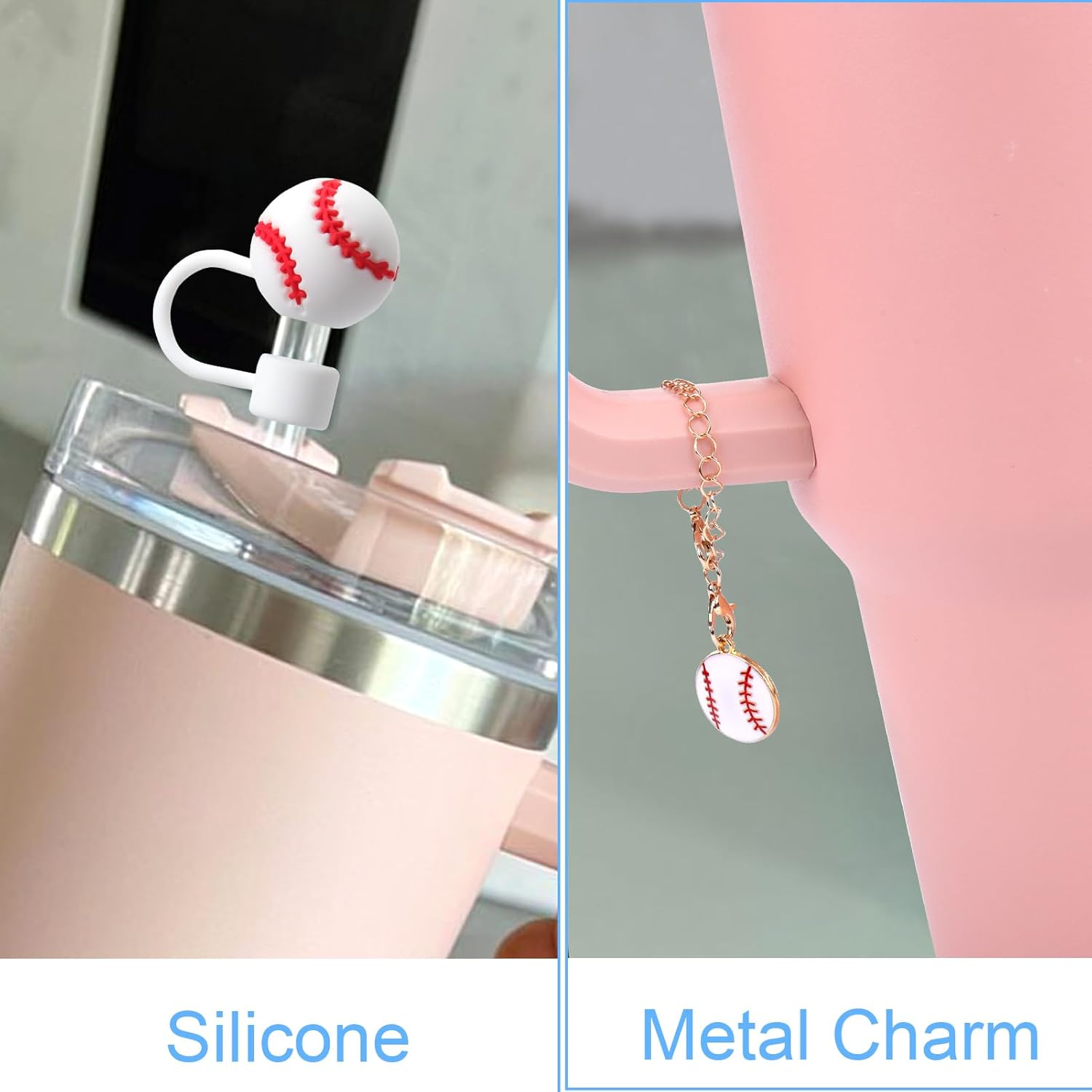 Mity Rain Cup Accessories for Stanley Decorations - Baseball Mom Accessories, 3PCS Straw Topper Cover Cap With 2PCS Metal Baseball Charm for 14 20 30 40 Oz Tumblers - Image 5