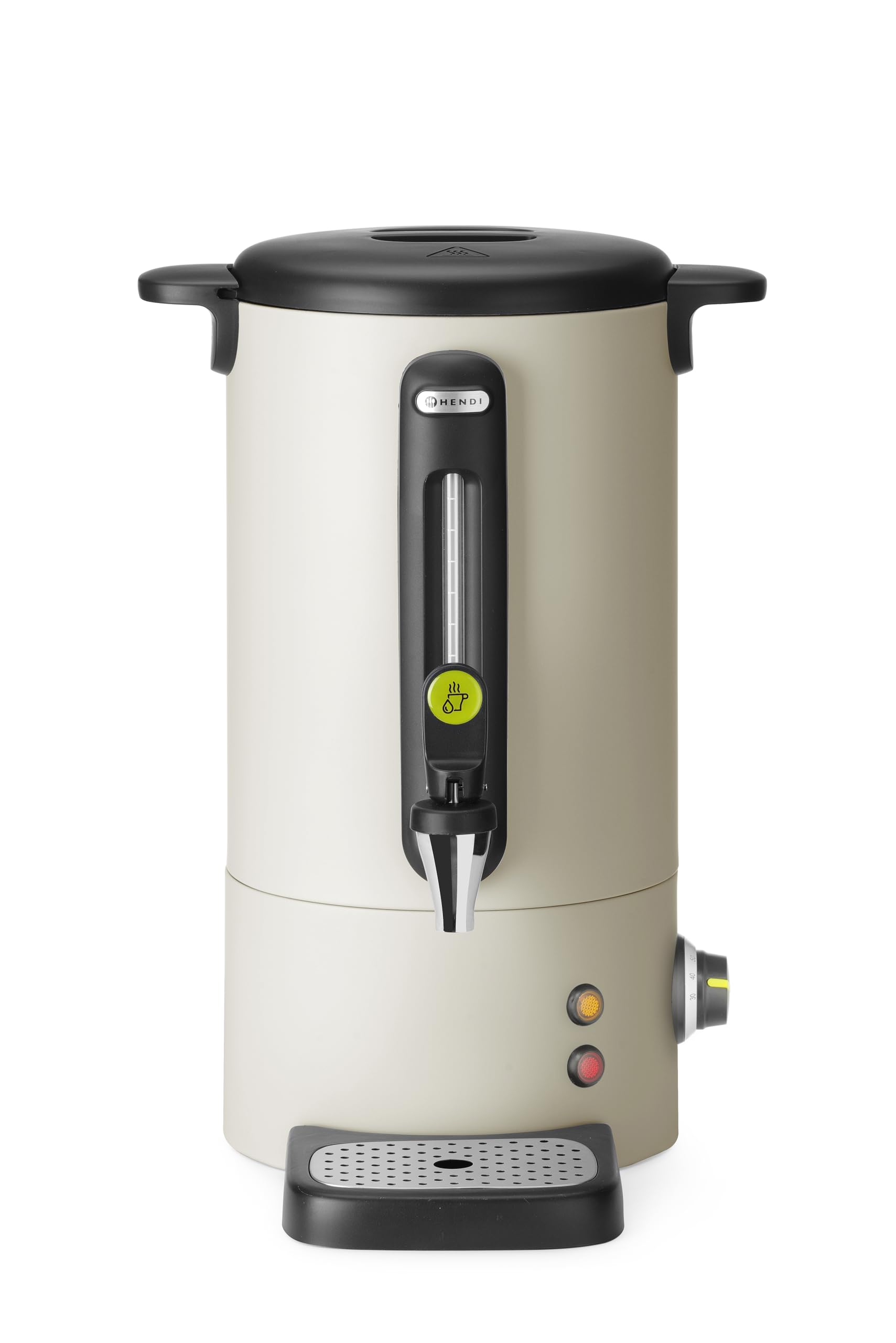 HENDI Bollitore per bevande calde 9L UNIQ, dispenser acqua calda con parete singola, per vin brulè e acqua bollente, fino a 100°C, 230V, 50/60Hz, 950W, 307x330x(H)450mm, bianco sporco, Inox, PP