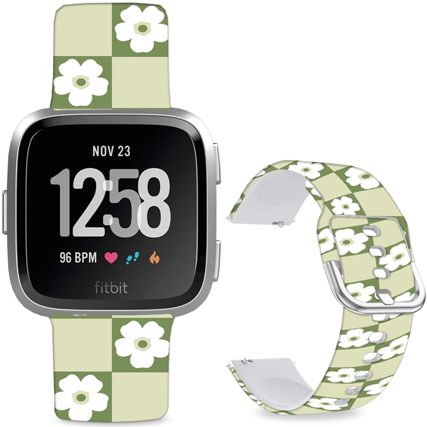 Leotop Pattern Printed Soft Silicone Replacement Bands Compatible with Fitbit Versa/Fitbit Versa 2 for Women Men Teens. (White Flowers and Green Checkered) — image 1