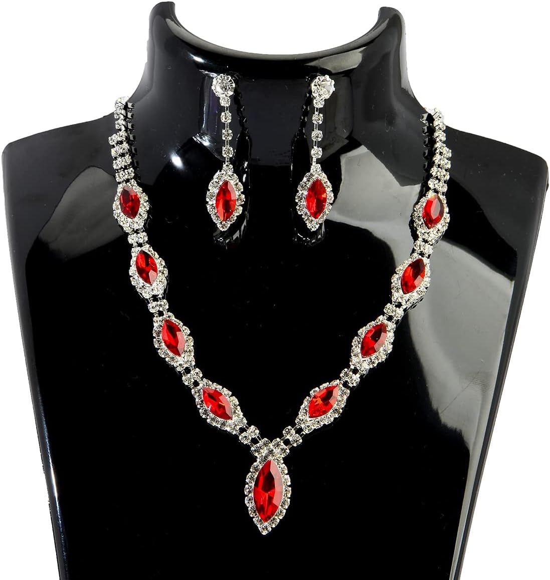 3 Piece Jewelry Set for Women - Silver Marquise Rhinestone Austrian Crystal Bridal Bride Bridesmaids Statement Choker Necklace Dangle Earrings Link Bangle Bracelet for Wedding Prom Party Girls Costume Jewelry - Image 3