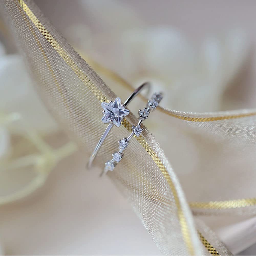 HGJH Ring Silber 925 Damen, S925 Sterling Silber Sterne Ring Verstellbare Ringe Doppelschicht Offener Ring Silber Daumenring Ewigkeitsring Hochzeit Charme Schmuck Geschenke Für Männer Mädchen Damen