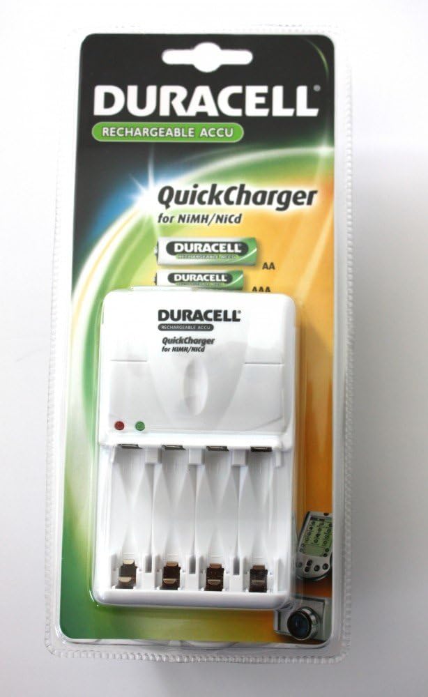 Duracell CEF12E Quick Charger in its retail packaging, showing the charger unit and compatible AA and AAA batteries.