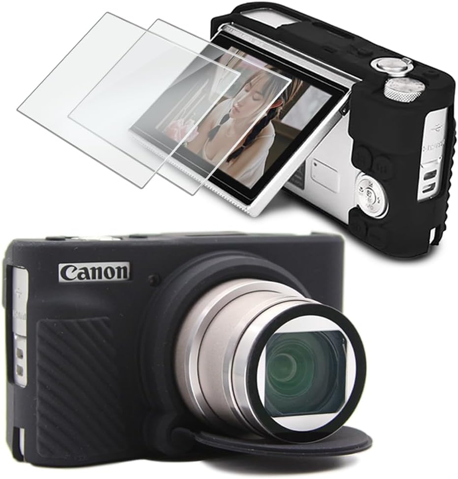 Screen Protector (2+1Pack) Compatible for Kinokoo SX730/ SX740,Tempered Glass Film Anti-Scratch High Definition and Soft Silicone Case for Canon PowerShot SX740/SX730 HS Camera, Black