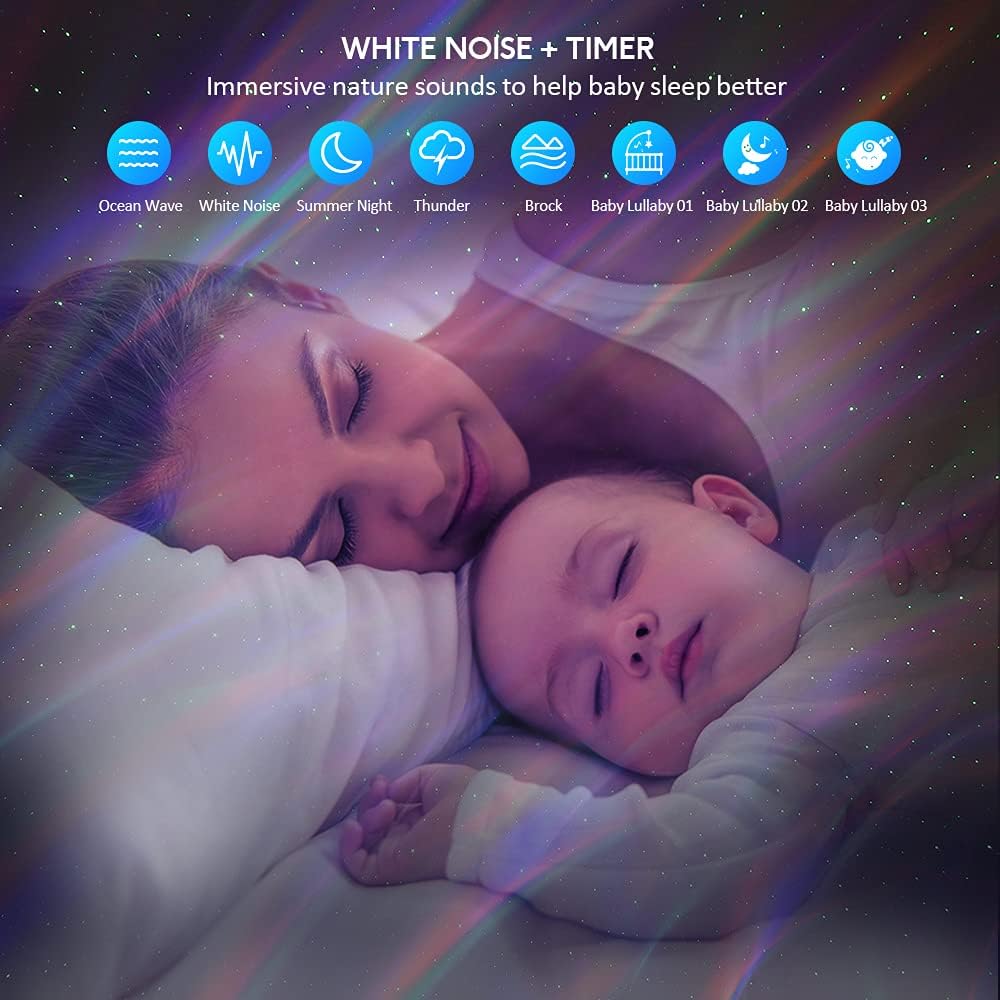 Mother and baby sleeping under projected lights, with icons for white noise sounds and timer