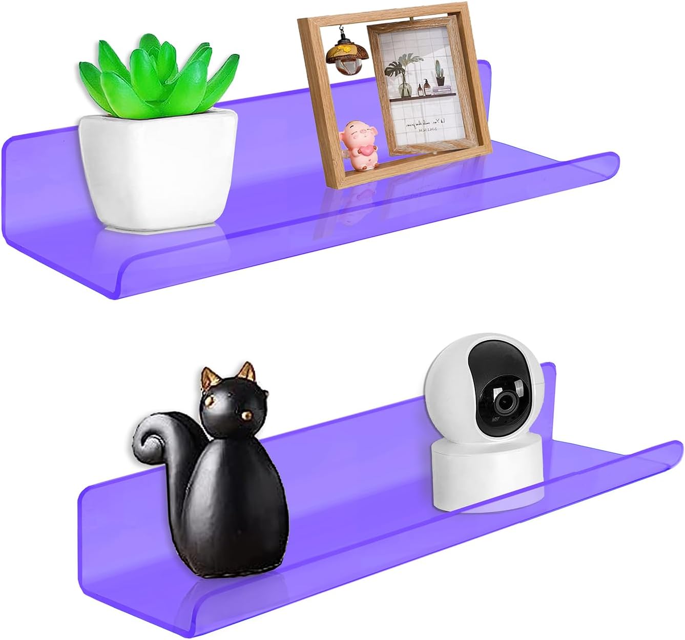 ROYALITA 24 Inches Acrylic Floating Book Shelves Wall Mounted Set of 2, Wall Hanging Plant Display Shelves, Room Decor Floating Wall Shelves for Gaming Room, Bedroom, Living Room, Office, Gree