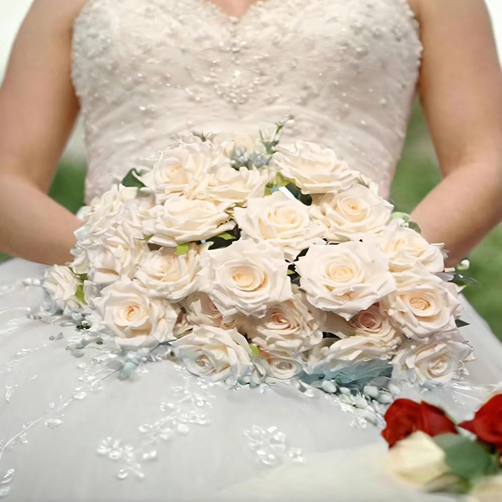 Rose Champagne White Artificial Flowers Realistic Silk Flower, as a Tabletop Bouquet or Wedding centerpieces, Faux Flowers for Outdoor planters (30)