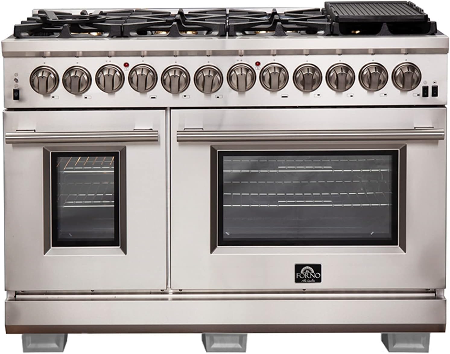 FORNO Capriasca Dual Fuel 48" Inch. Freestanding Range 8 Sealed Brass Burners Cooktop - 6.58 Cu. Ft. Double Convection Electric Oven - Stainless Steel Stove Range Heavy Duty Cast Iron Grates