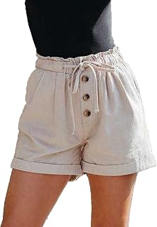 OULIWANGLUO Women's Elastic Drawstring Button Wide-Leg Shorts Summer Shorts Elastic Waist Pocketed Casual Straight Shorts