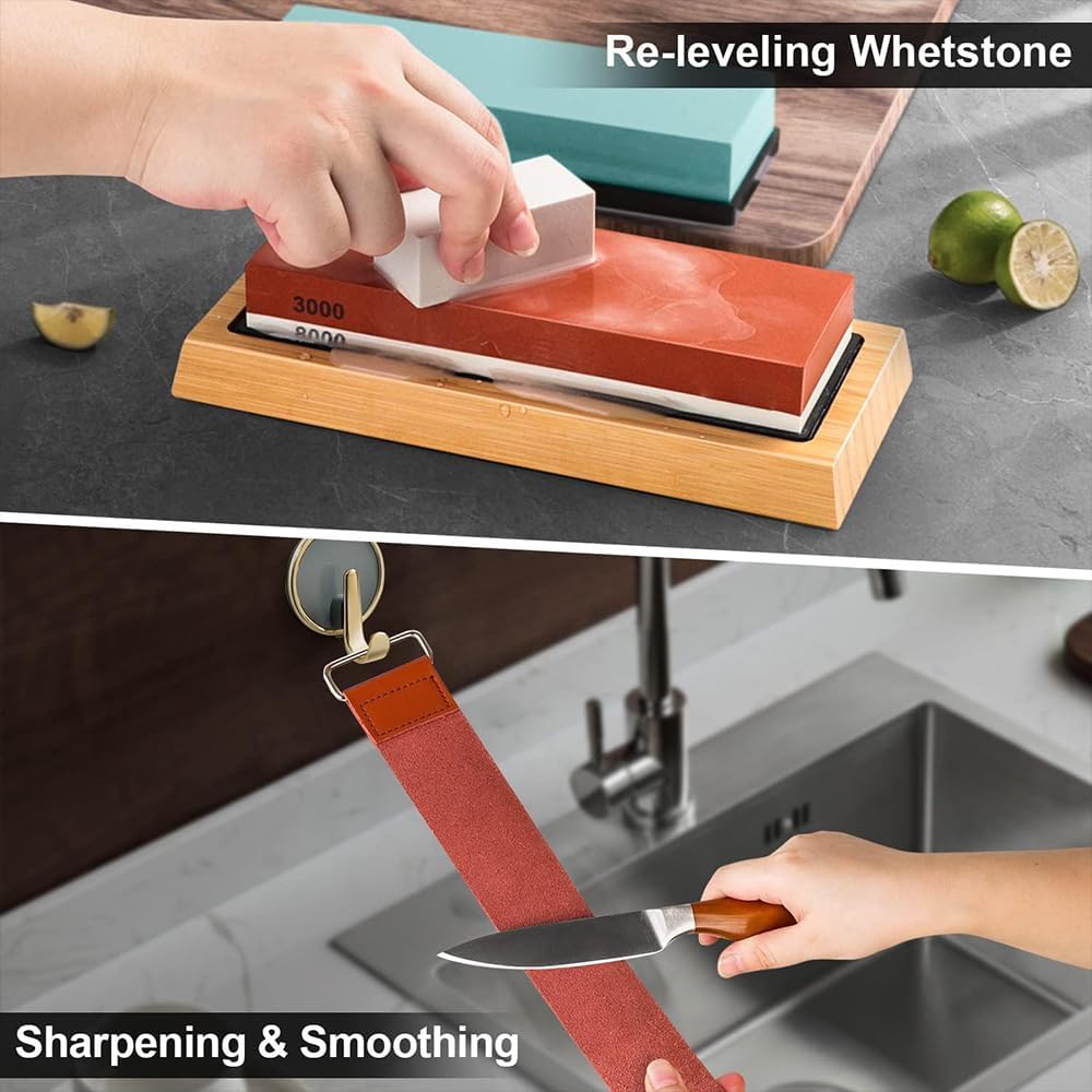 Knife Sharpening Stone Kit Professional Whetstone 4-Sided 400/1000 3000/8000 Grit Set Kitchen Knives Sharpener with Angle Guide, Flattening Stone, Leather Strop