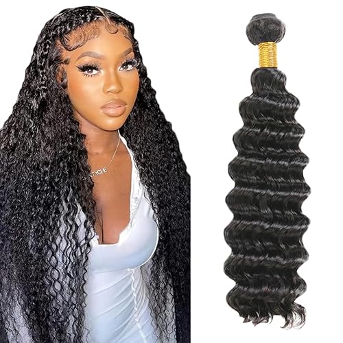 Zeslaerr Deep Wave Bundles Human Hair Unprocessed Brazilian Virgin Human Hair Weave Weft 8A Grade Bundle Extension 1B Natural Black Color Human Hair Extension 1 Bundle 100g 30 Inch