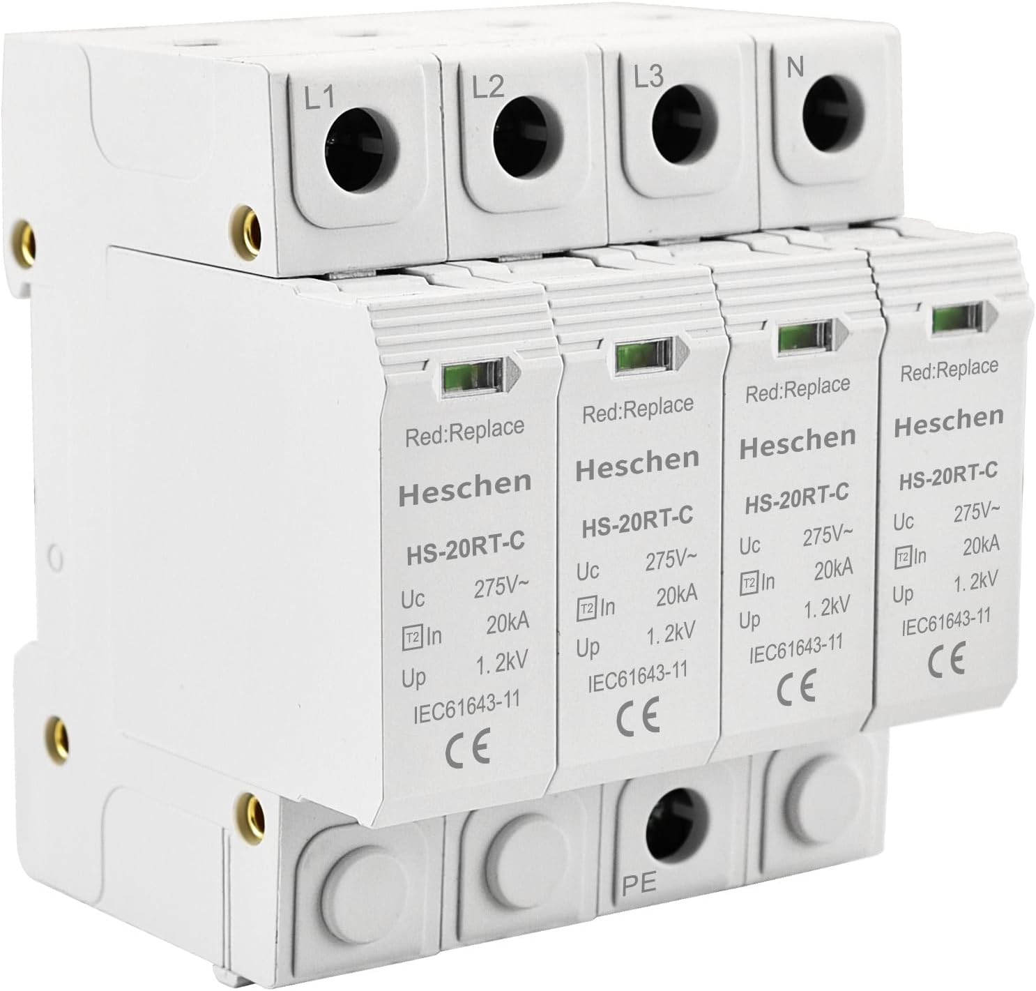 Heschen Surge Protective Device SPD, HS-20RT-C, 4P 275VAC 20KA, Built-in replaceable over current fuse, Low-Voltage Arrester, Fire-Proof, 35mm DIN Rail Mounting