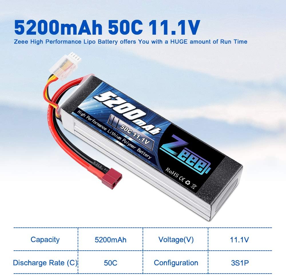 Zeee 3S Lipo Battery 5200mAh 11.1V 50C Soft Pack Battery T Plug 1 Pack with 2 Pack of 7.4V Lipo Battery 2S 50C 5200mAh Hard Case T Connector for RC Vehicles Car Truck