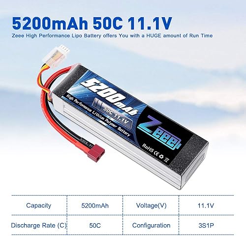 Miniatura 2 de Zeee 3S Lipo Battery 5200mAh 11.1V 50C Soft Pack Batería T Plug 1 paquete con 2 unidades de 7.4V Lipo Battery 2S 50C 5200mAh Estuche rígido T