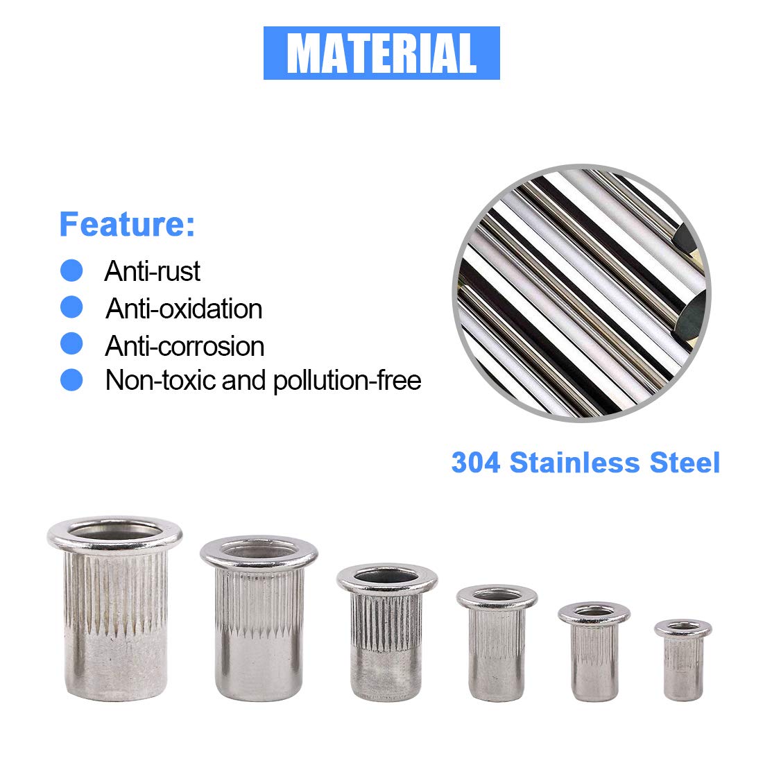 Glarks 126Pcs 304 Stainless Steel M3 M4 M5 M6 M8 M10 Flat Head Threaded Rivetnut Insert Nutsert Rivet Nut Assortment Kit - Image 4
