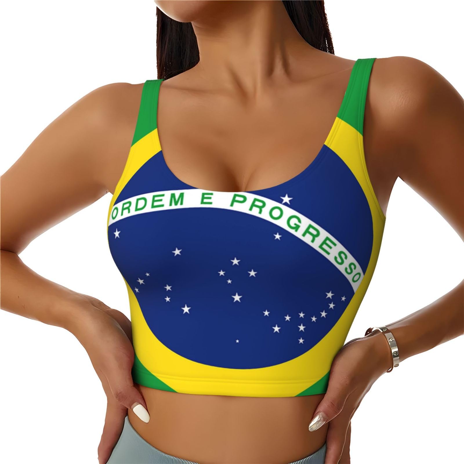 Peiyeety Women's Flag Of Brazil 3 Sports Tank Tops Sleeveless Vest Shirts Fitness Top Comfort U-Back Cropped Bra Crop For Yoga, Gym
