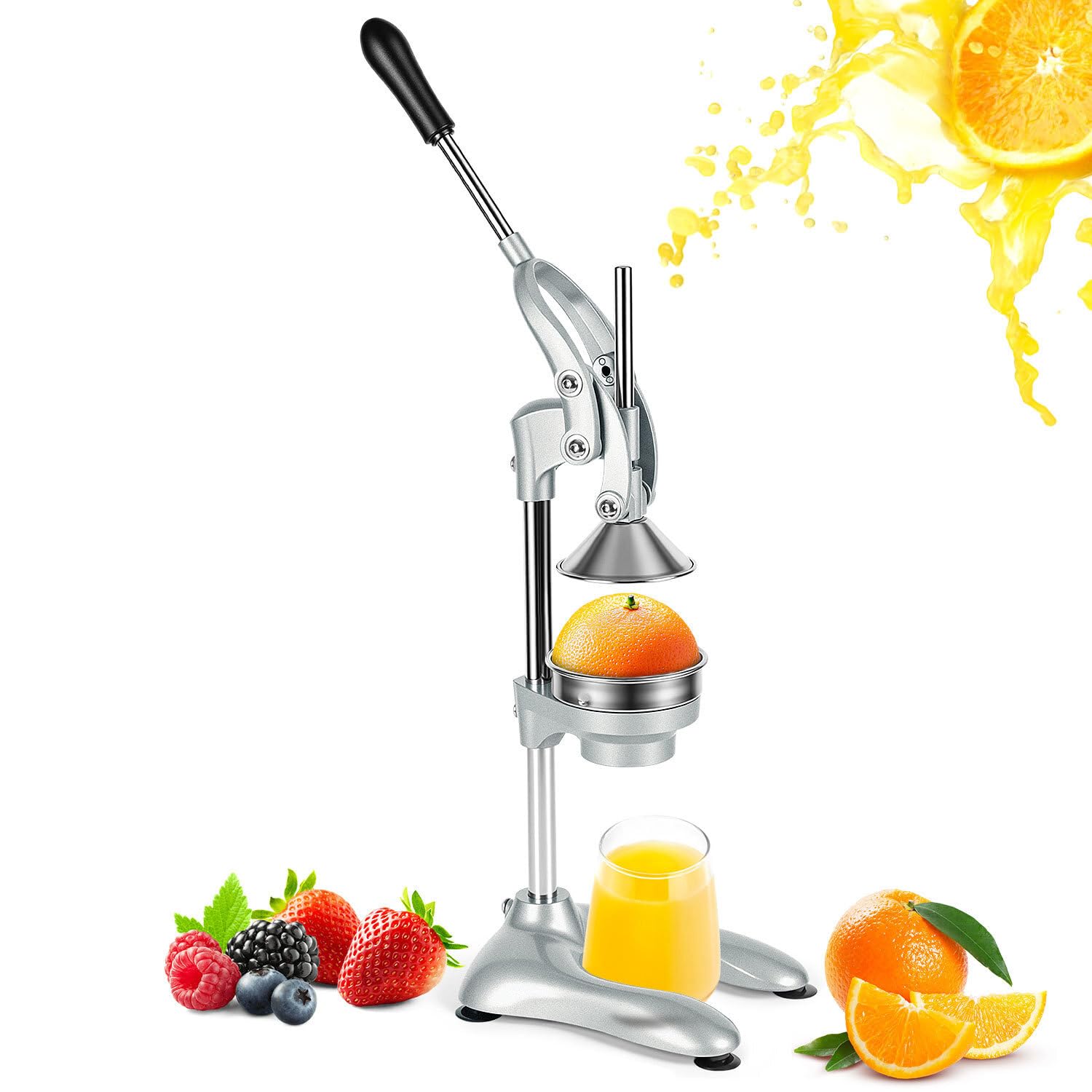 Entsafter manuell,Orangenpresse und Fruchtpresse mit Hebel | 2 Pressköpfe für verschiedene Früchte,mit Hebel und Saugnapf,45 cm hoch,Trichter und Sieb aus 304 Edelstahl