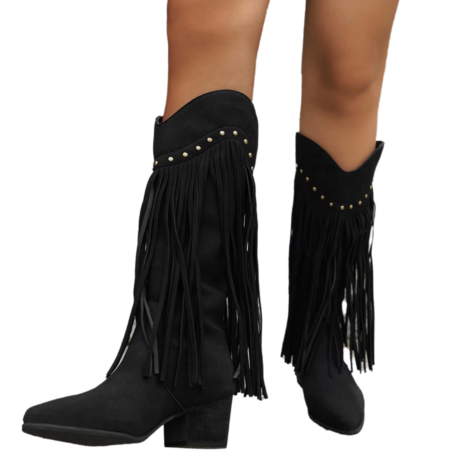 CHICTRY Cowboy Boots for Women with Fringe Knee High Cowgirl Western Boots Retro Pointed Toe Long Boot