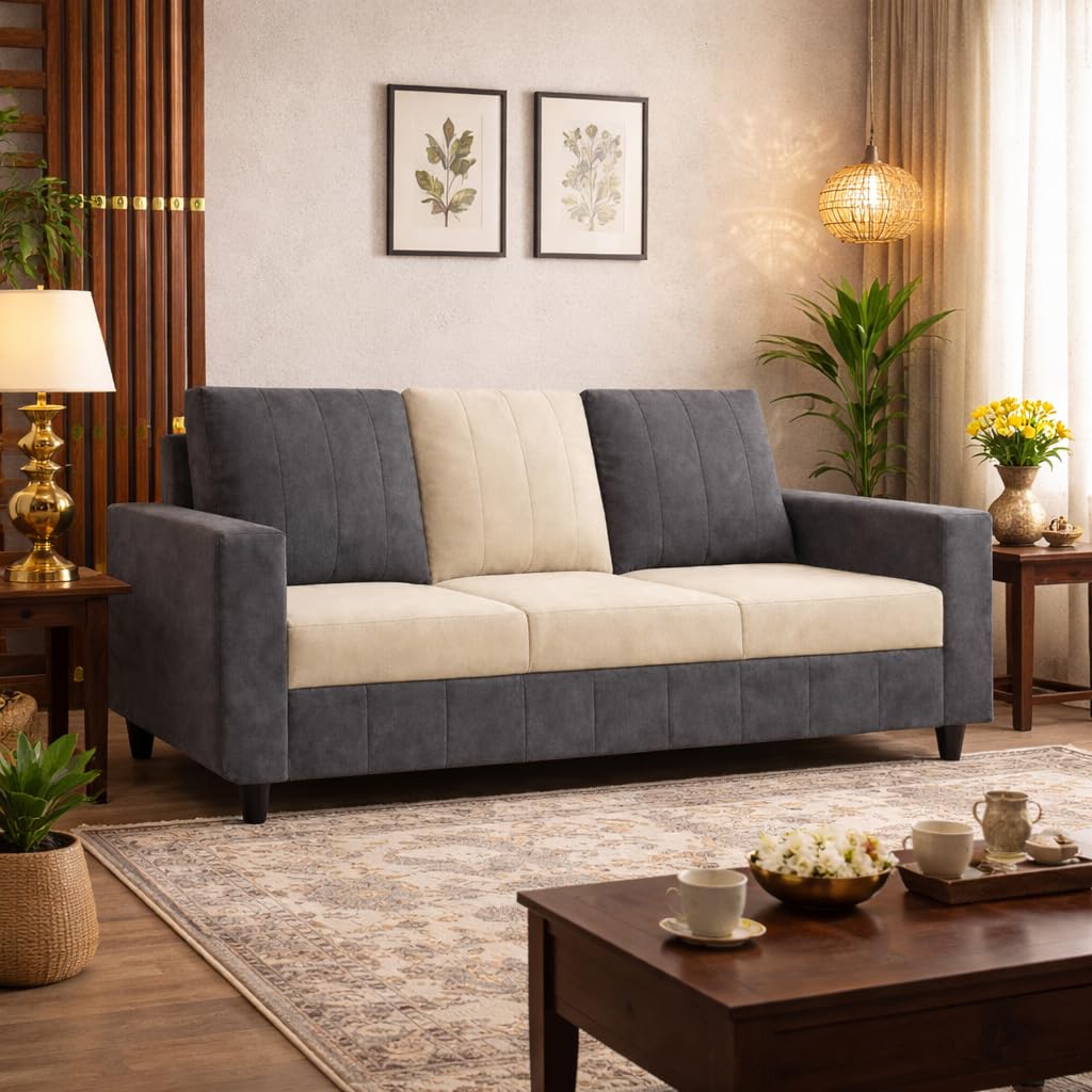 Henry Dual Tone Plush Velvet 3 Seater Sofa Set | Silken Velvet Suede Upholstery | Designer Sofa for Living Rooms & Office Spaces (Dark Grey & Cream)-image-10
