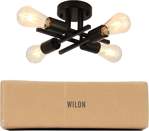 Miniatura 6 de WILON Lámpara de techo semiempotrada, lámpara de techo industrial negra de 4 luces, lámpara de araña Sputnik moderna para cocina, dormitorio, sala