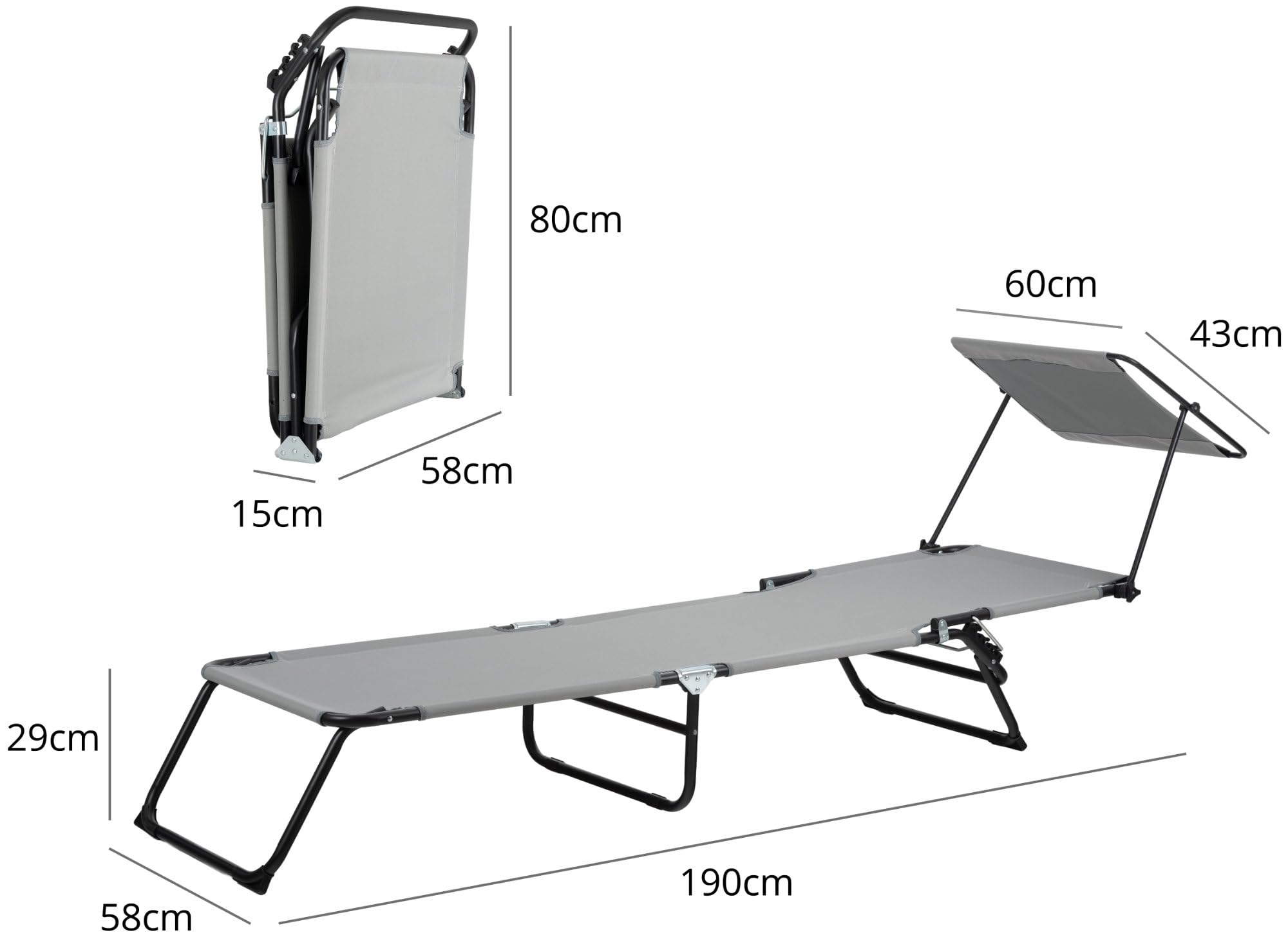 Stagecaptain CS-190 Sonnenliege klappbar mit Dach 2X Set – Gartenliege 190cm - Verstellbare Rückenlehne & Sonnendach - Wetterfest & faltbar für Garten, Balkon, Terrasse, Strand, Camping - Schwarz-Grau