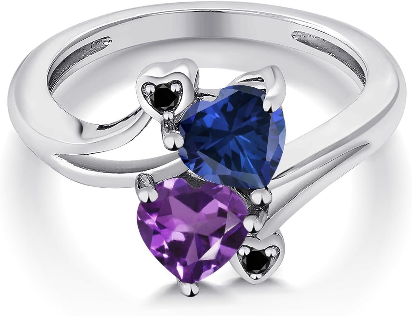 Gem Stone King 1.48 Cttw Blue Created Sapphire Purple Amethyst and Black Diamond Ring For Women | 925 Sterling Silver | Heart Shape 6MM | Wedding Engagement Anniversary Promise Ring For Women