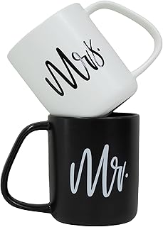 Wedding Gifts for Couples, Ergonomic Handle Ceramic Mug Set, Mr and Mrs Gift, Ideal Gift for Bridal Shower (MR. & MRS. (Black&White))