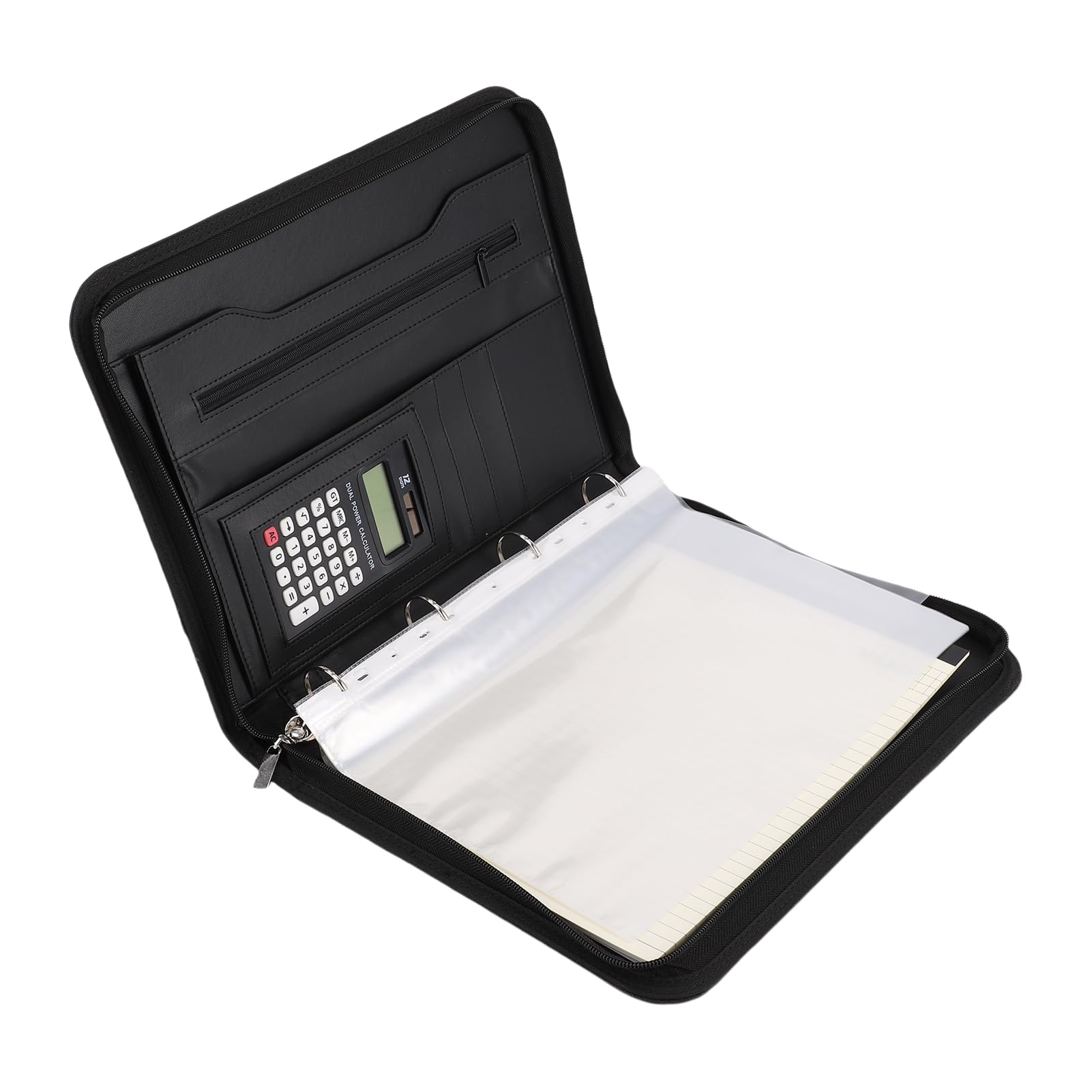 Portafoglio aziendale con cerniera, 10 buste portadocumenti trasparenti, pelle PU, taccuino da 30 fogli, calcolatrice solare a 12 cifre, cover per tablet da 10,1 pollici, nero