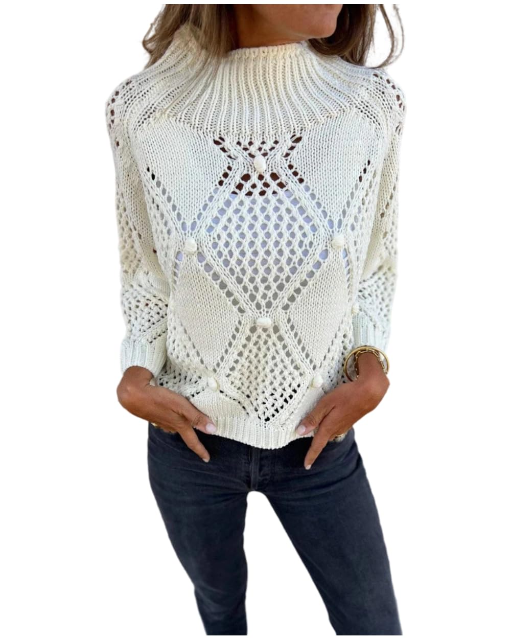 Womens Grey Trendy Crochet Cable Knit Sweaters Elegant Hollow Out Long Sleeve Loose Pullover Tops Casual Fall Clothes