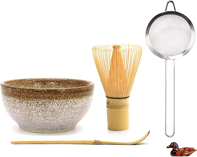 Japanese Matcha Whisk Set Matcha Tea Ceremony Set, Matcha Whisk (Chasen), Traditional Scoop (Chashaku), Scoop Holder, Tea Sifter and Ceramic Matcha Bowls(5 Pcs)