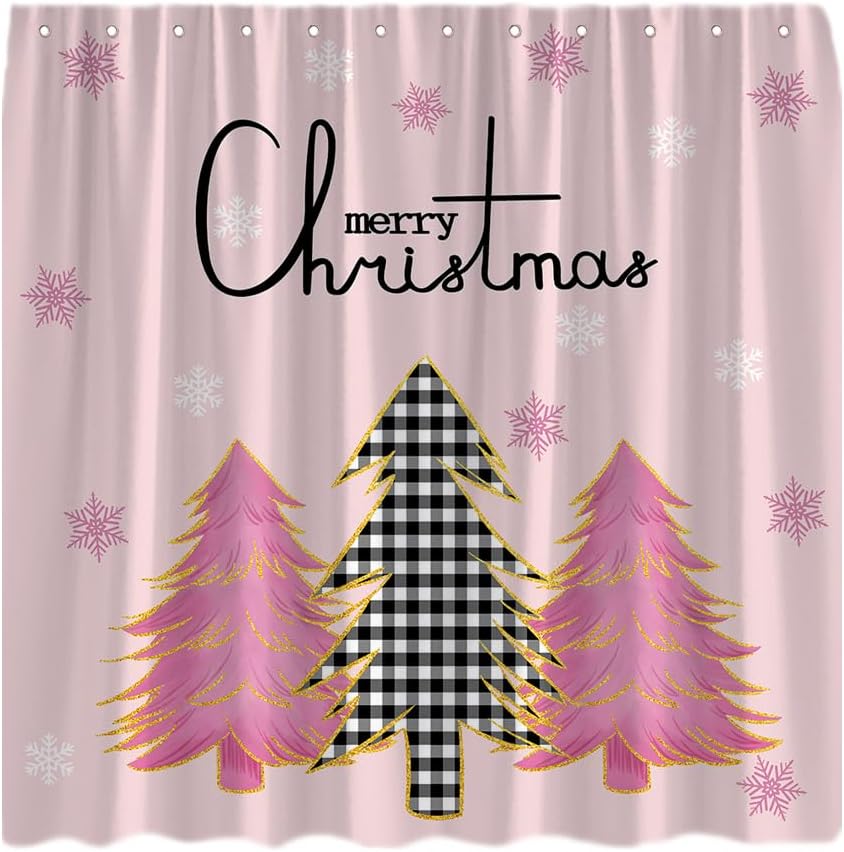 Christmas Tree Shower Curtain Modern Watercolor Pink Pine Tree Buffalo Plaid Rustic Xmas Tree Winter Snowflake Holiday Cute Merry Christmas Farmhouse New Year Fabric Bath Curtain with Hook