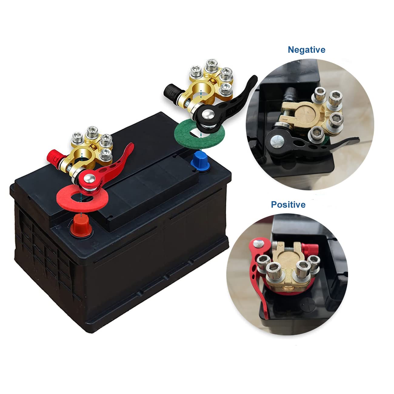 Conectores De Terminal De Batería Coche 12V/24V - Abrazaderas Positivo/Negativo 4 Vías Con Fundas