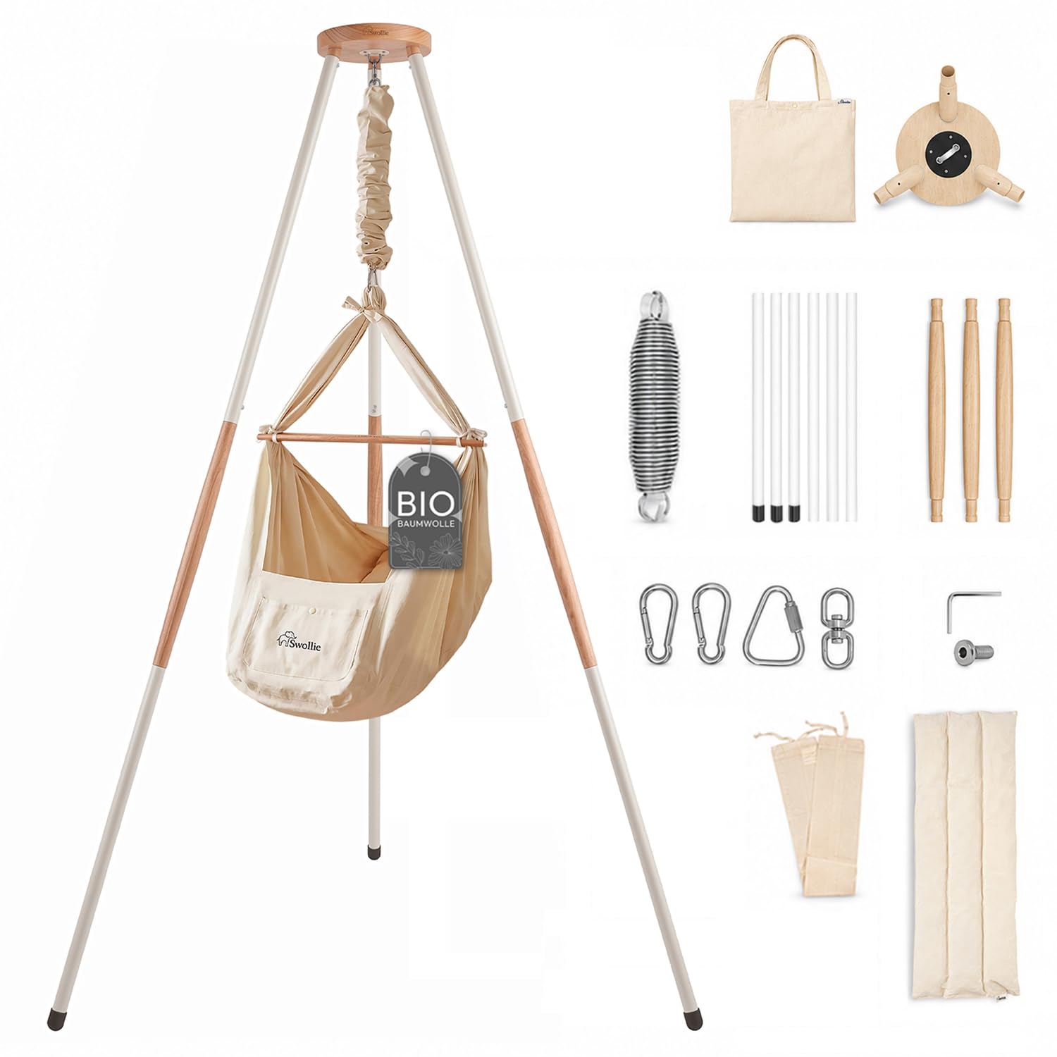 Premium Baby Federwiege mit Tipi-Gestell - Beige Federwiege mit beigem Tipi-Gestell - für Babys ab Geburt - Bio-Baumwolle